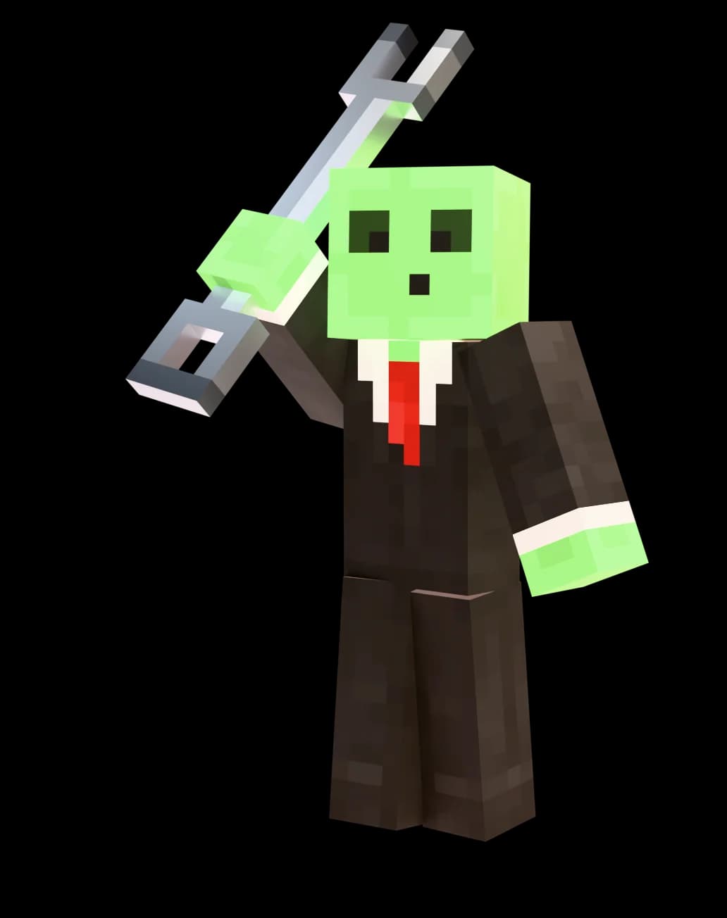 Whyplay, a Minecraft player character, resting a wrench on one shoulder