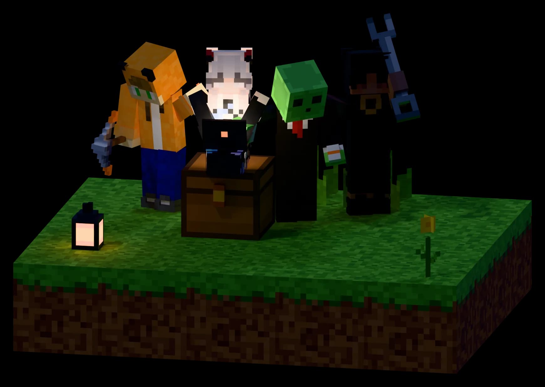puppygirllulu coding on a laptop on top of a chest while ItsNeverLand rests a hand on her shoulder, Whyplay points at the screen and asianrizz raises a wrench.