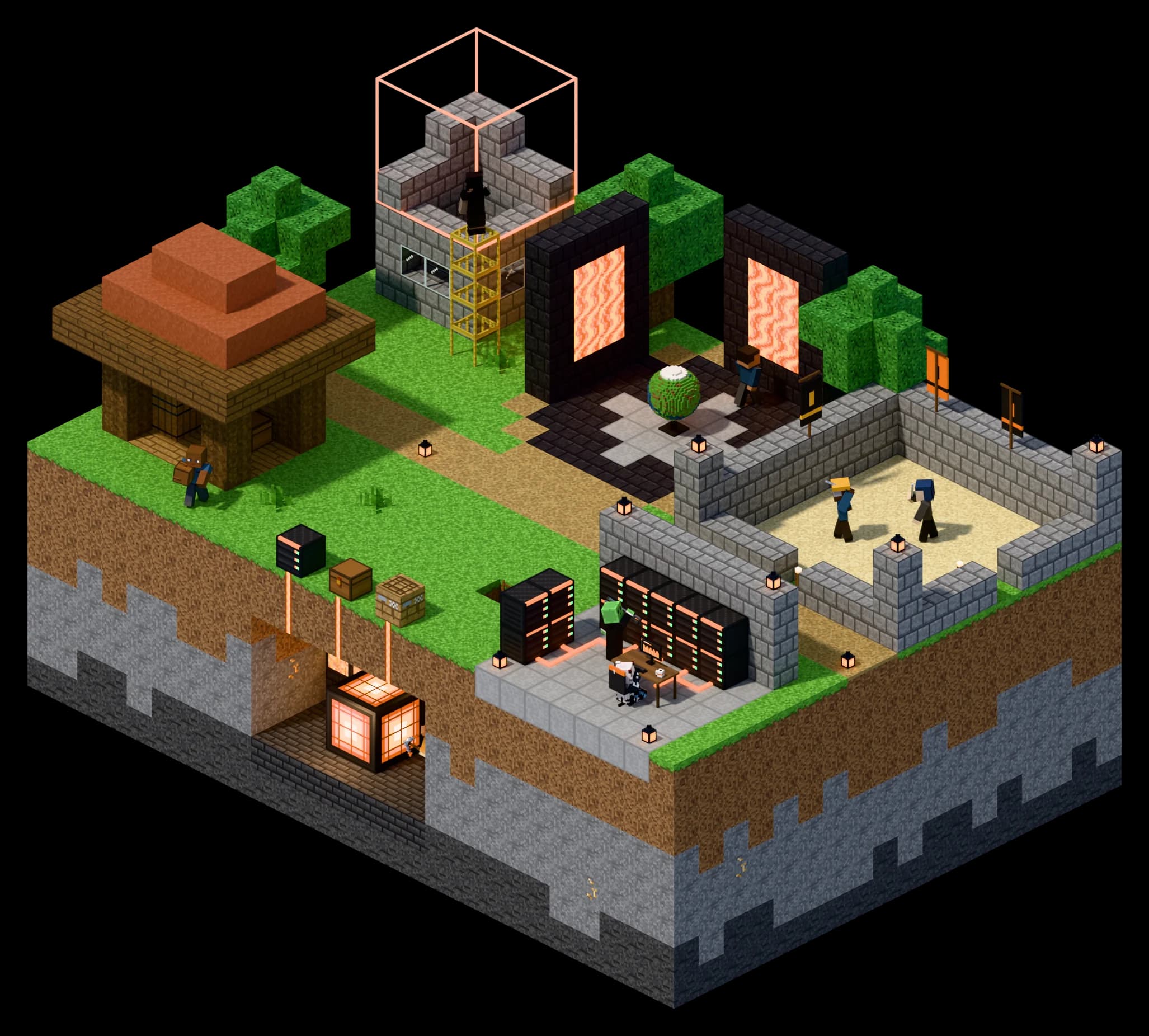 A floating Minecraft chunk with a build for each featured product: a storage shed, a server room, a portal plaza, a PvP arena, a scaffolded tower and a glowing core in a cave below the grass.