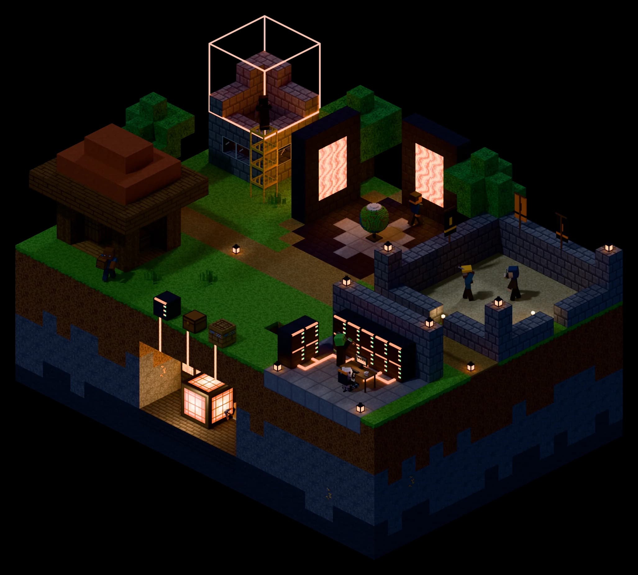 A floating Minecraft chunk with a build for each featured product: a storage shed, a server room, a portal plaza, a PvP arena, a scaffolded tower and a glowing core in a cave below the grass.