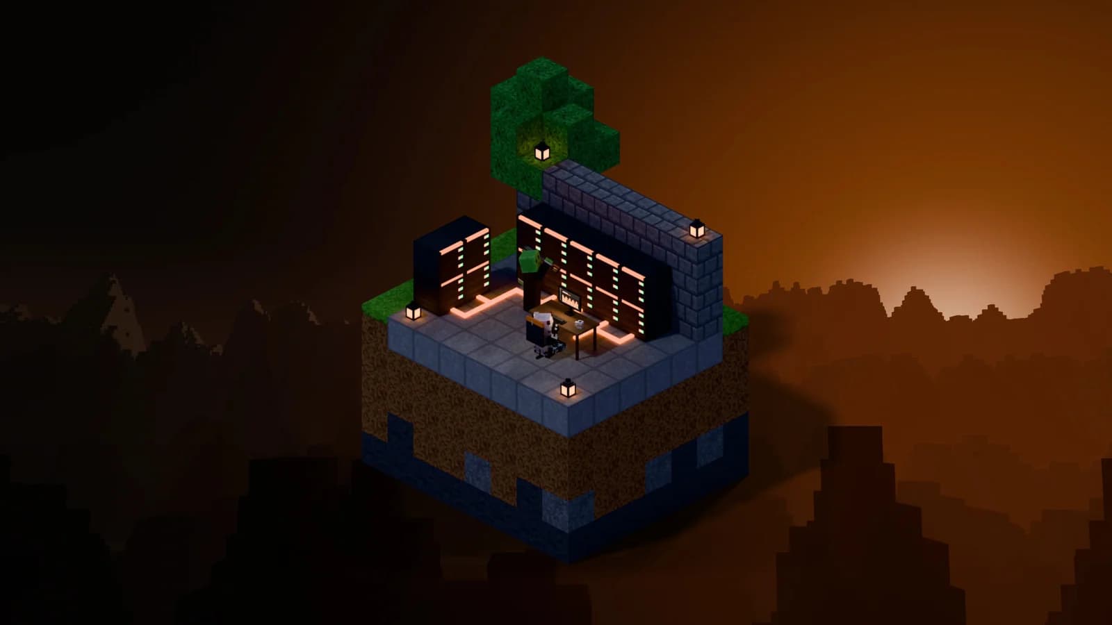 A Minecraft server room with racks joined by glowing cables on a floating island at dusk.