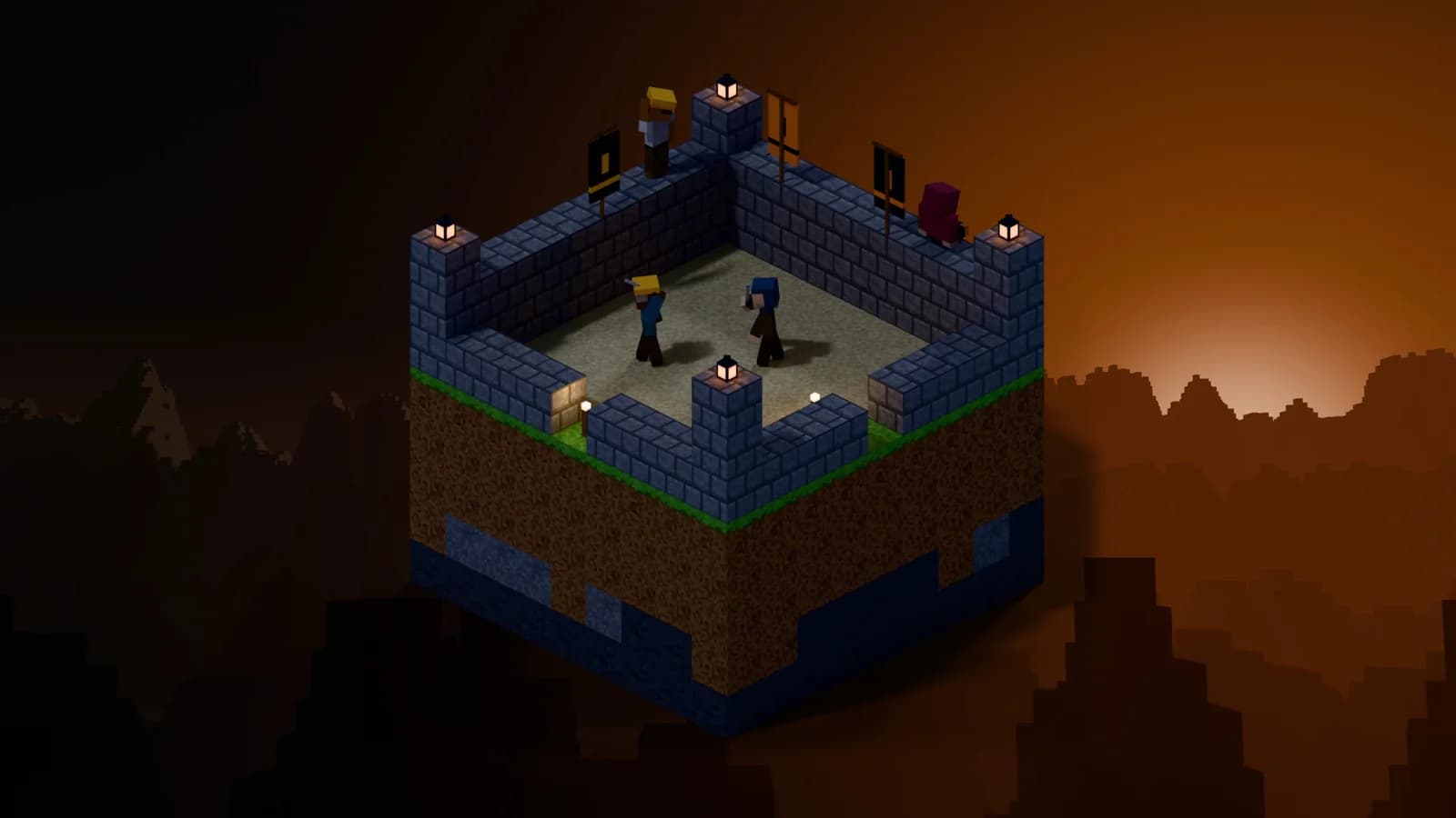 A walled Minecraft PvP arena on a floating island at dusk, with two players fighting on sand.
