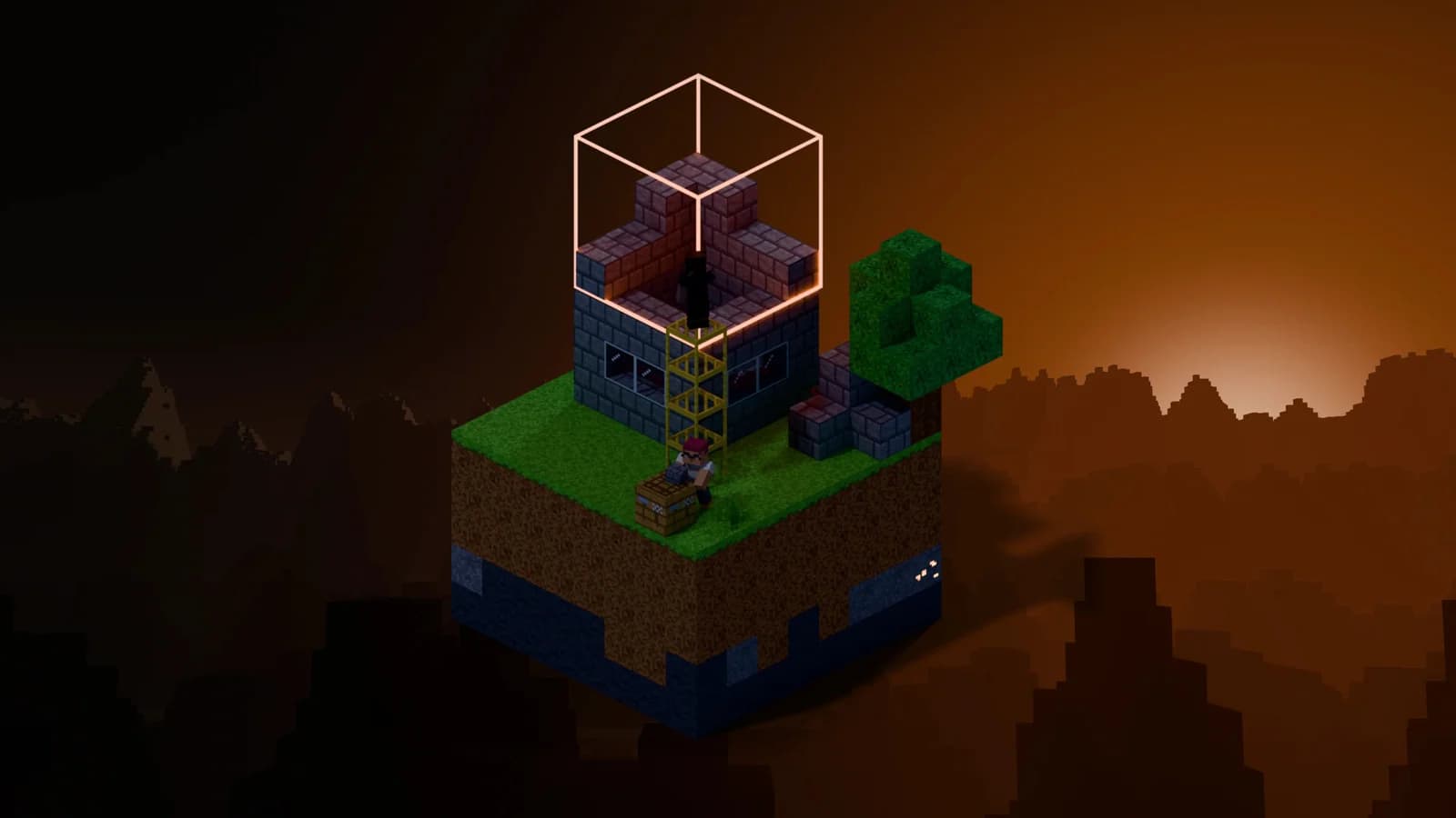 A half-built stone brick tower inside a glowing selection outline on a floating island at dusk.