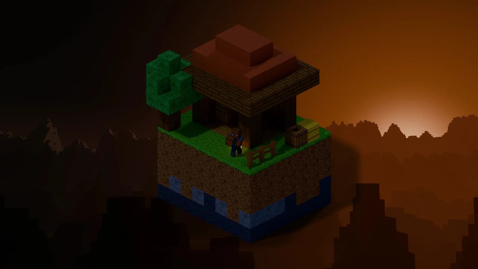 A wooden Minecraft storage shed stacked with chests and barrels on a floating island at dusk.
