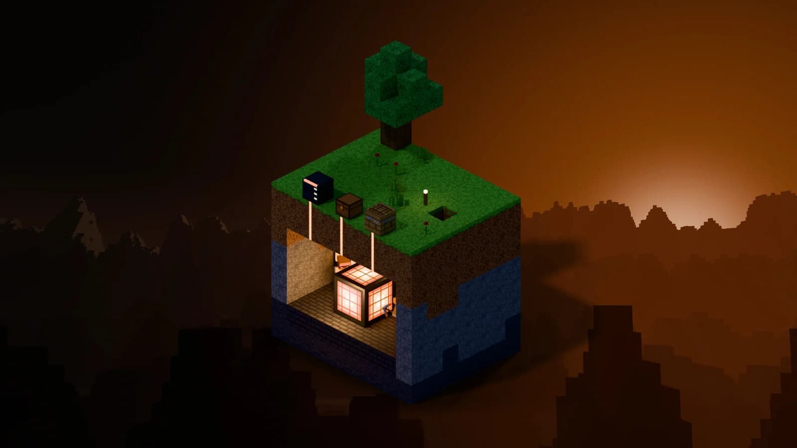 A cutaway Minecraft chunk with a glowing core in a cave below a server rack, on a floating island at dusk.