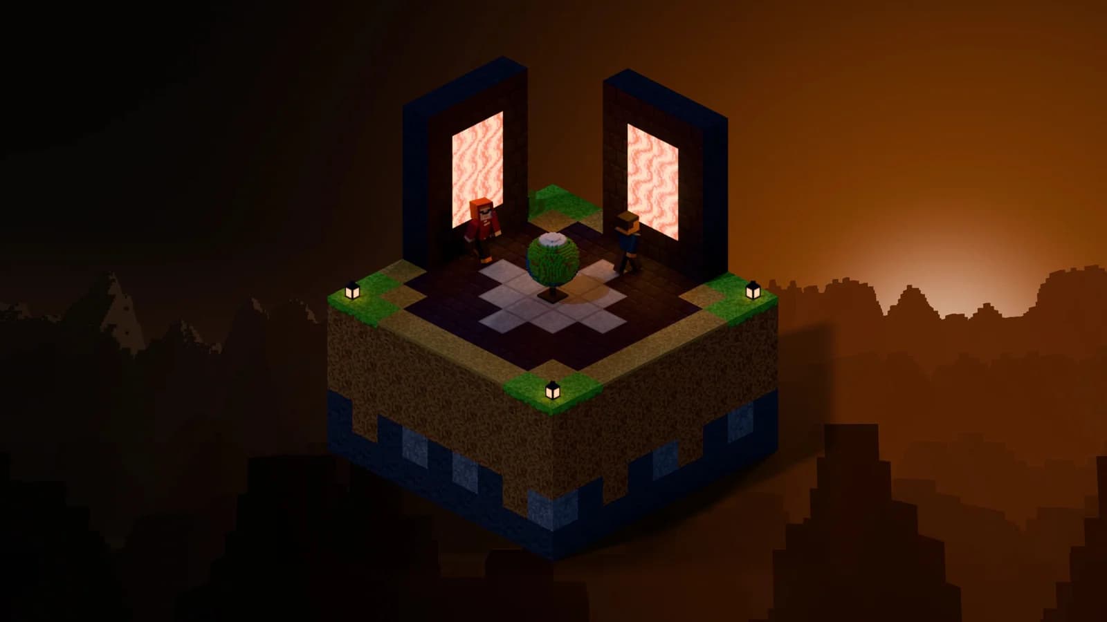 A stone plaza with a globe statue between two glowing portals on a floating island at dusk.