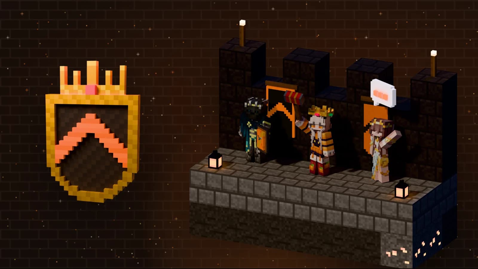 Bridge's crest beside a torch-lit voxel keep, where puppygirllulu, crowned and holding a ban hammer, stands with a knight guard and a waving player.